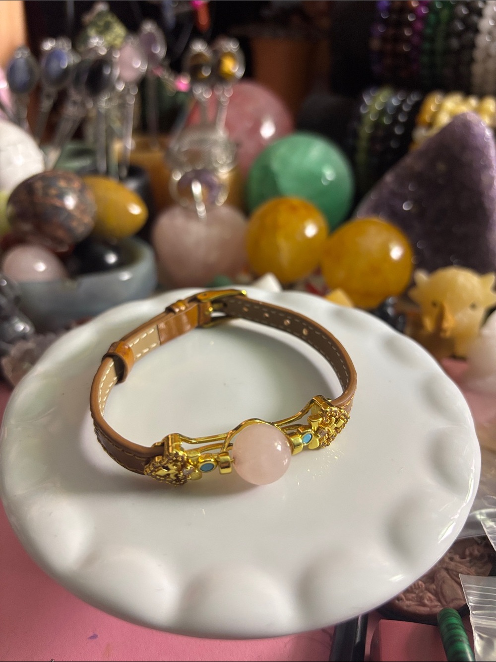 Gold-Accented Brown Leather Bracelet with Pink Rose Quartz Center